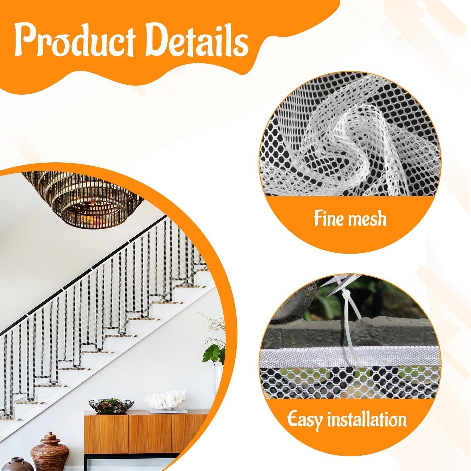 Child Safety Gate Net,300×79cm Safety Gates for Kids,Safety Netting,Stairs Protective Netting,Railing Stairs Netting,Mesh Protection Net,Stair Railing Safety Net for Kids Baby Toys Pets(White) - Image 3