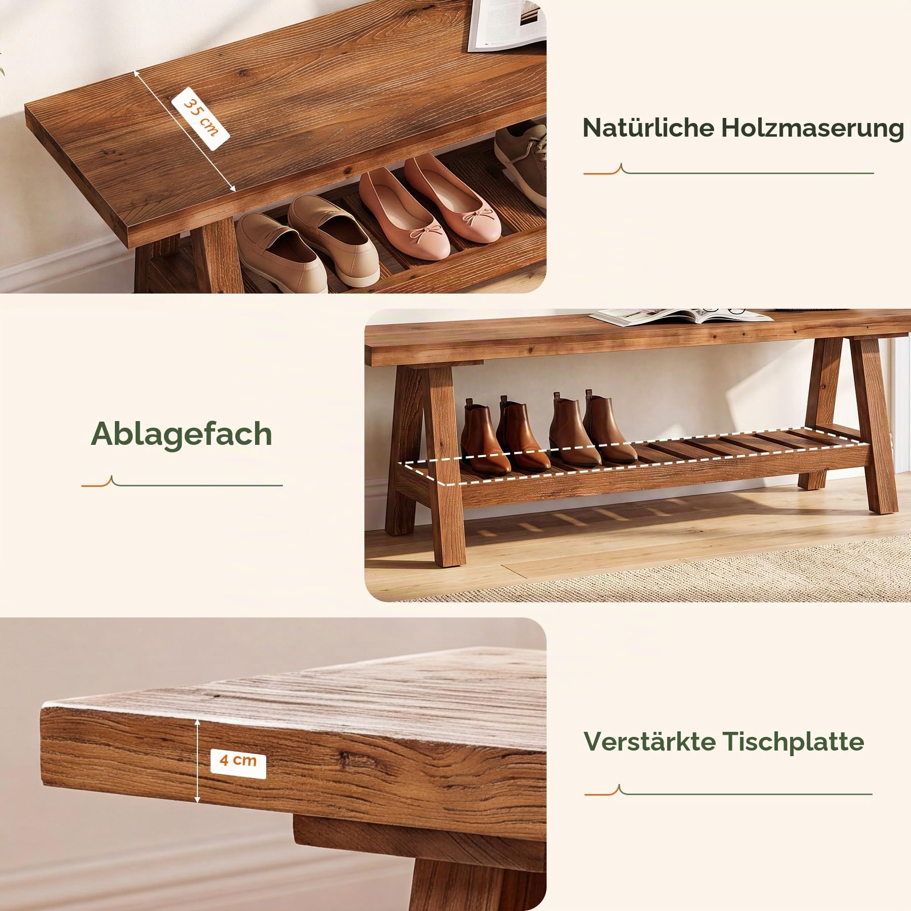 Sitzbank aus Massivholz 140 cm Flurbank mit Ablage und Schuhaufbewahrung Stabile Holzbank für Flur Diele Schlafzimmer Landhaus Design für Garderobe Eingangsbereich Wohnung