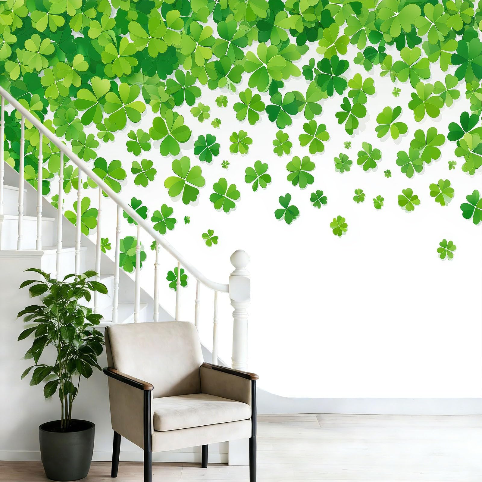 Tapeta fototapeta 250 x 175 cm – zielono-biała fototapeta z włókniny, tapeta ścienna, odporna na promieniowanie UV, dekoracja ścienna, elegancka koniczynka, gradient kolorów, bordiura, tapeta do