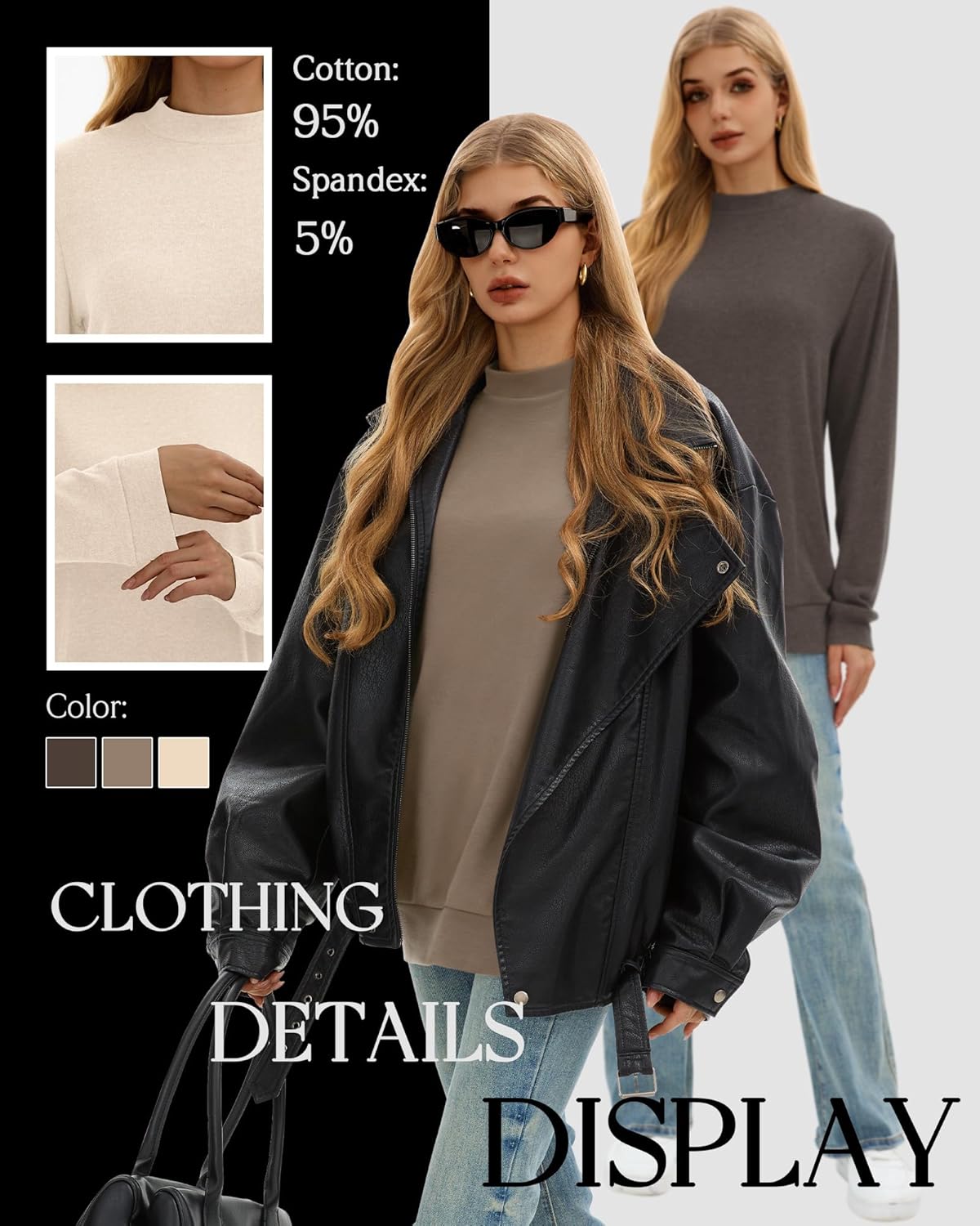 3 Pack Women's Mock Turtleneck Sweatshirts Long Sleeve Cotton Pullover Shirts Tunic Lightweight Loose Casual Tops - Image 5