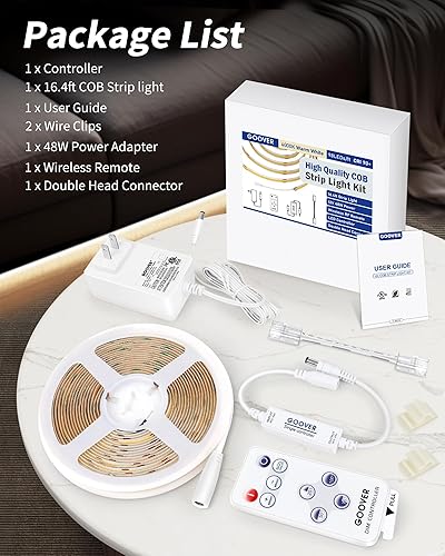 Miniatura 7 de GOOVER COB - Kit de tiras de luces LED con control remoto y fuente de alimentación de 48 W, CC 12 V 4000 K, luz blanca regulable de 16.4 pies, 150 +