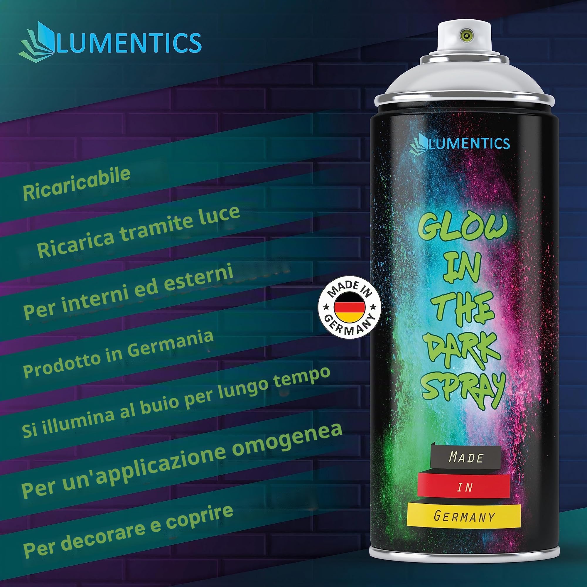 lumentics Spray luminoso Naturale-Blu 400ml - Vernice spray con effetto afterglow - Colore spray fosforescente - Si illumina al buio