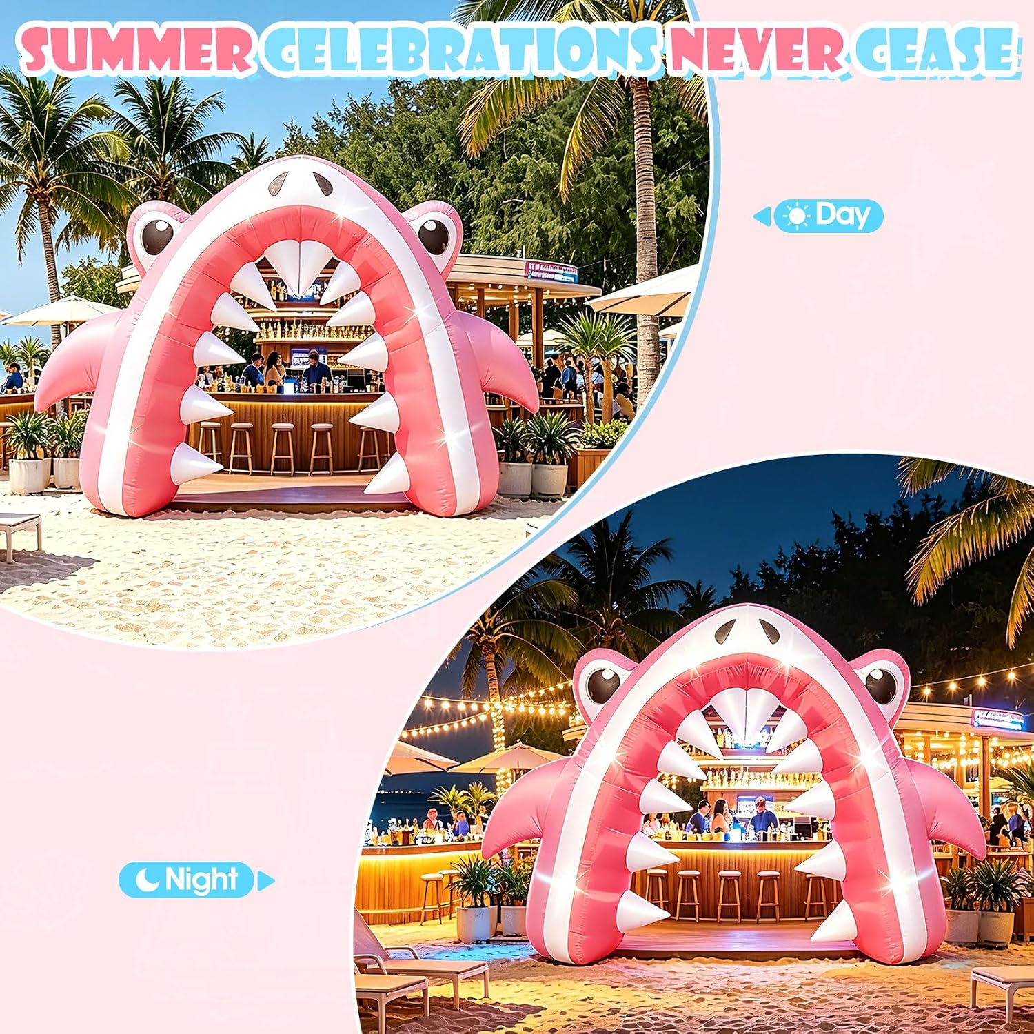 13×8 FT Pink Shark Inflatable Arch for Summer Outdoor Decor, Giant Ocean Theme Blow Up with Built-in 6 LED Lights and 1 Blower for Summer Yard Pool Stage Event Birthday Luau Beach Party Decoration