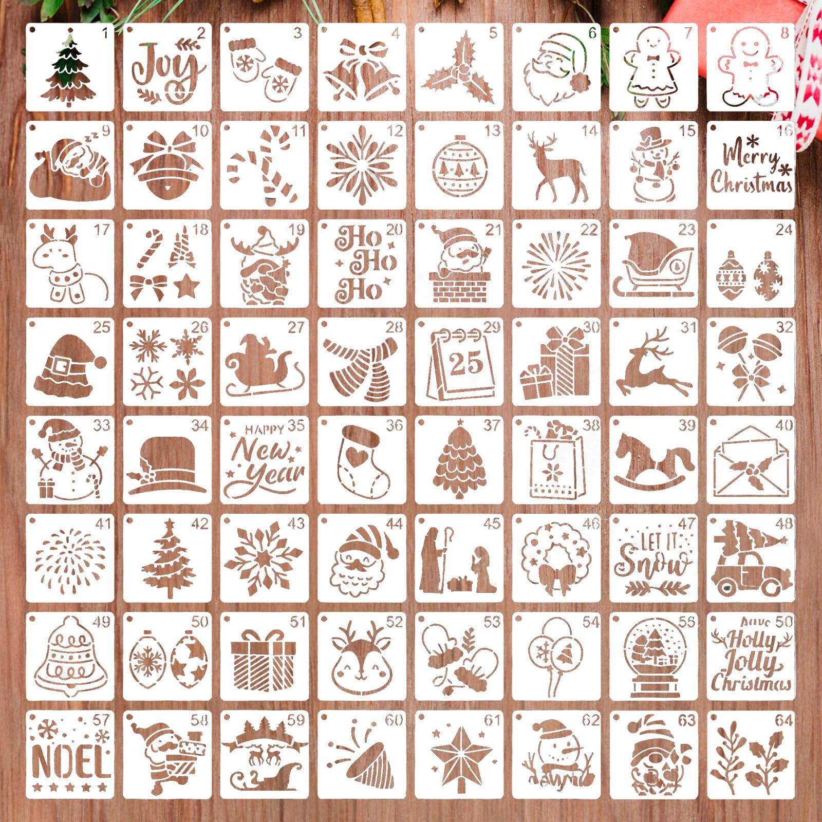 64Pcs Christmas Stencils Templates,Reusable Painting DIY Xmas Stencil Christmas Drawing Stencils for Spraying Door Window Wall Painting Home Decor Art DIY Crafts