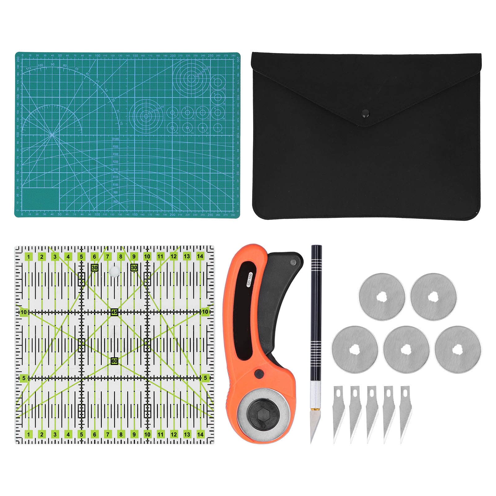 Professionelles Rollschneider-Set mit selbstheilender Schneidematte, Acryl-Lineal, 5 Klingen, Aufbewahrungstasche für Quilten, Nähen, Scrapbooking, DIY-Projekte