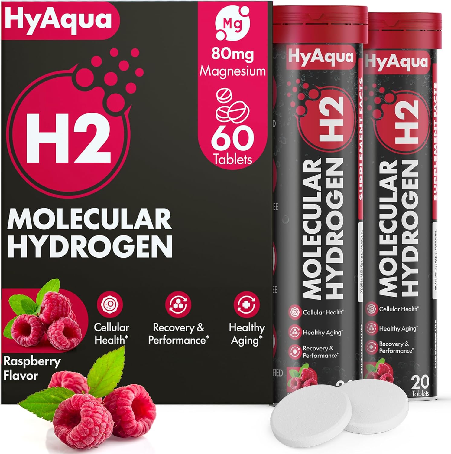 Hydrogen Water Tablets with Magnesium - 12 PPM Molecular Hydrogen Tablets for Drinking Water, Rich in Antioxidants, Supports Cellular Health, Anti Aging & Cognitive Function (60 Counts, Raspberry)