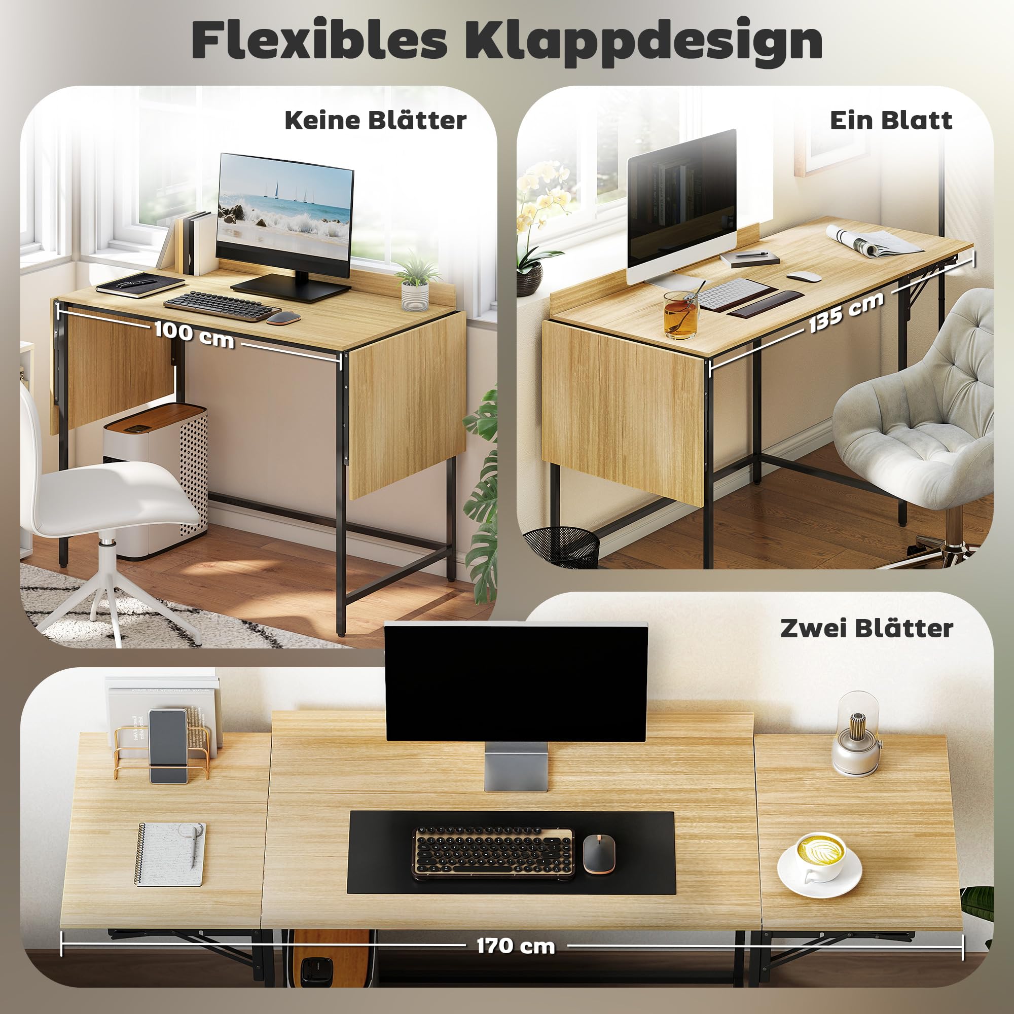HOMCOM Schreibtisch Klappbar Modern-Design 100/135/170 x 58 x 78 cm Eiche