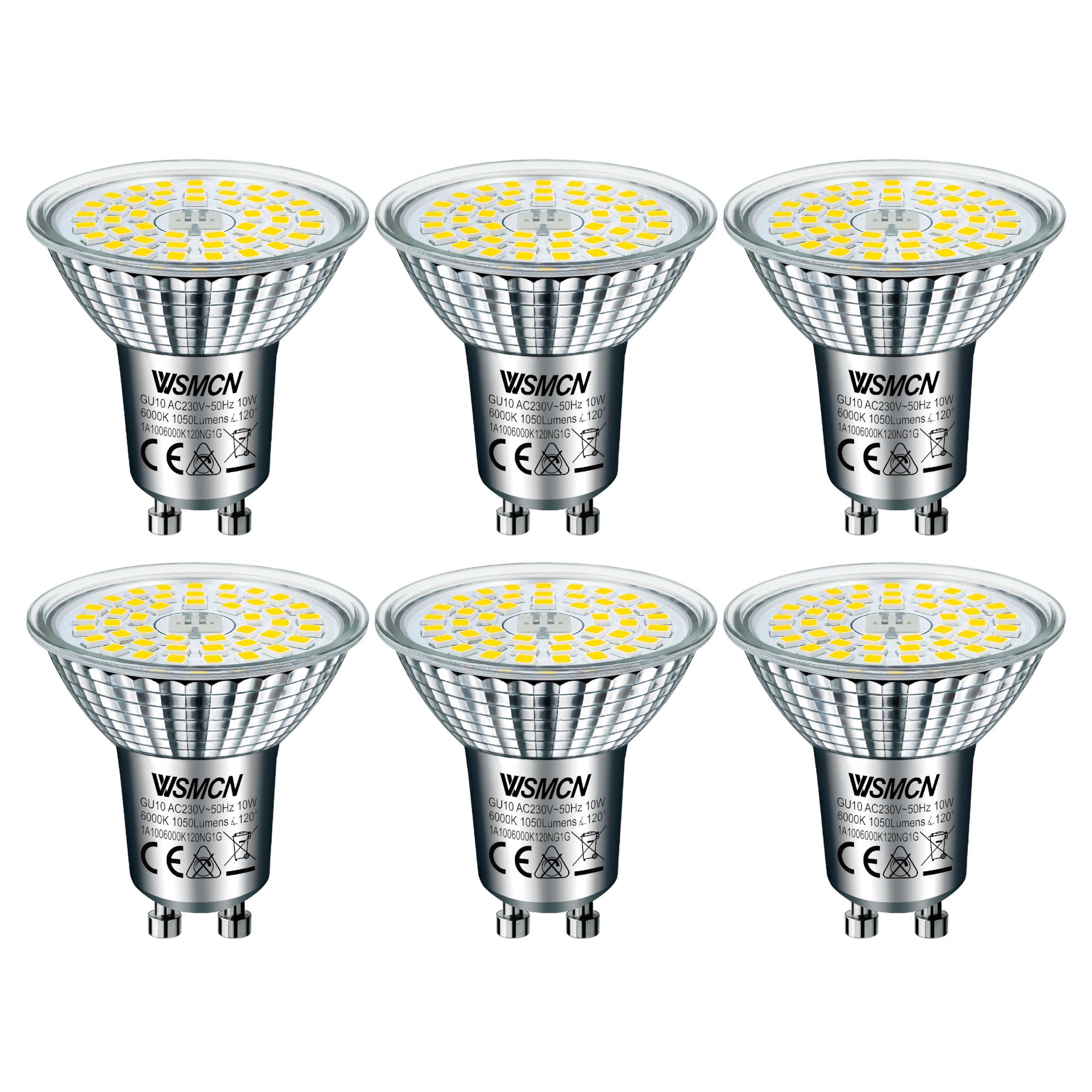 WSMCN GU10 LED Bulbs Cool White, 10W 1050lm 6000K Spotlight Light Bulb, 140W Halogen Bulb Equivalent, AC 230V 120°Beam Angle Energy Saving LED Bulbs, Non Dimmable, Pack of 6