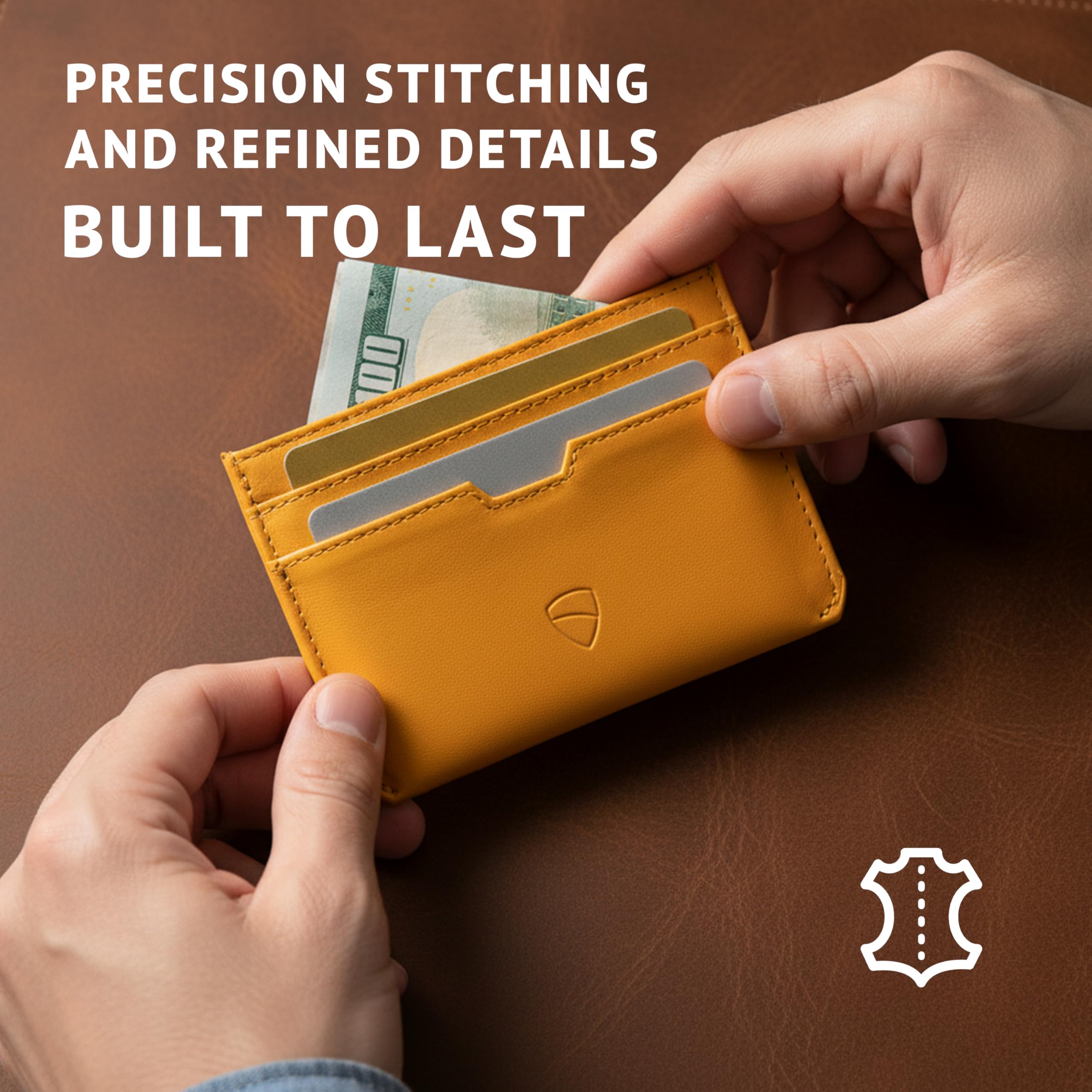 Vaultskin MOORGATE Smukłe skórzane etui na karty z ochroną RFID, Żółty | Minimalistyczne etui dla kobiet i mężczyzn, 5 przegródek na karty, dokument i gotówkę, naturalna skóra bydlęca.