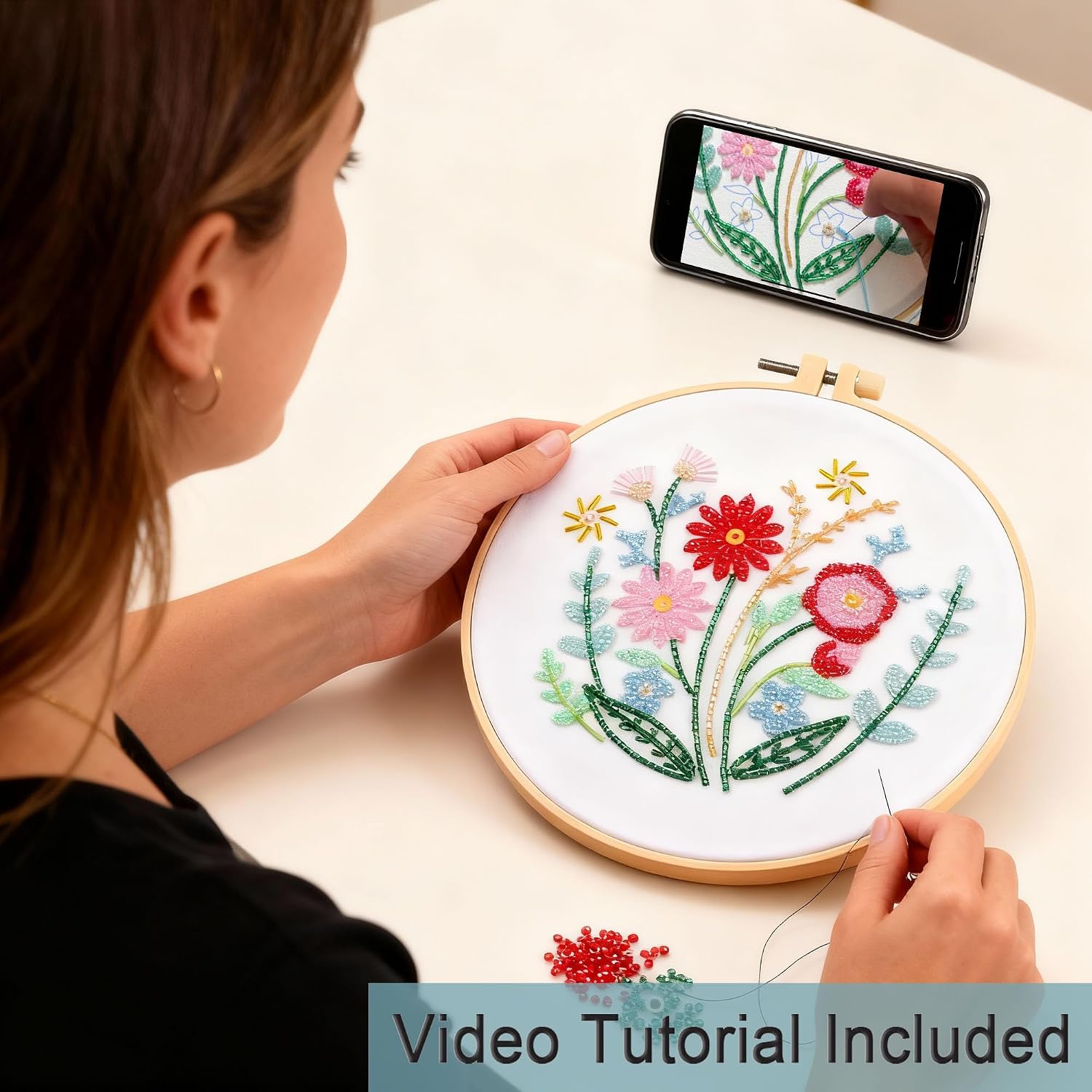Harimau Bead Embroidery Starter Kit for Beginners (3 Sets) – Basic Flower Stitches, Includes Embroidery Hoop, Diagrams & Step-by-Step Video Tutorials – Gift for Craft Lovers