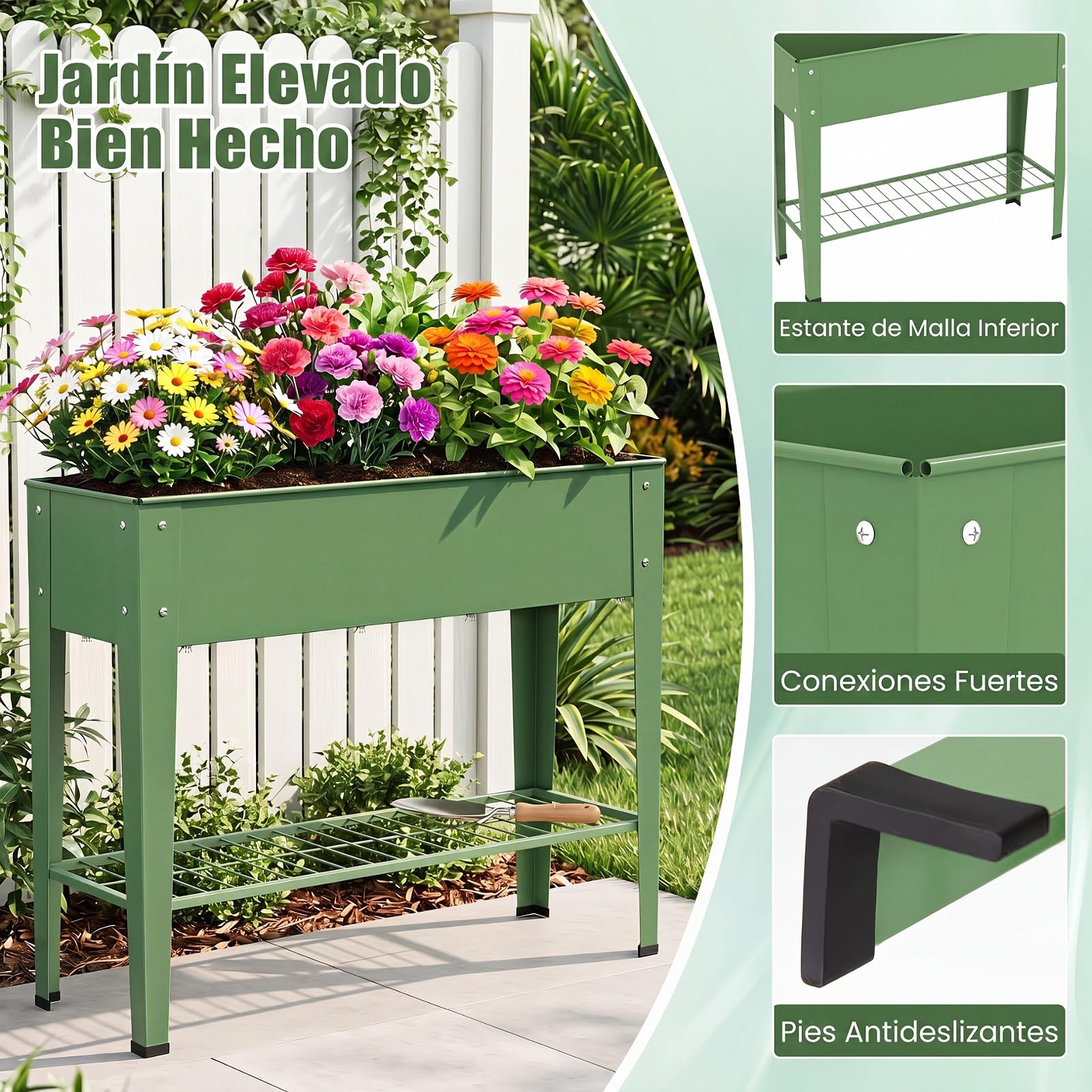 COSTWAY Huerto Urbano de Metal, Jardinera Elevada con Estanta de Almacenamiento de Malla, Agujero de Drenaje, Raised Garden Bed para Terraza Patio Jardín, 95 x 31 x 80 cm, Verde