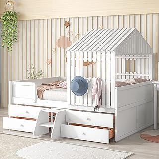 Wetiny Full Size House Low Loft Bed with Four Drawers