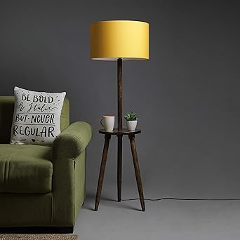 Sanded Edge - SMARTLY Priced Sofa Bed Side Floor Lamp with Shelf in Solid Wood Walnut Base Color and Yellow, Pack of 1
