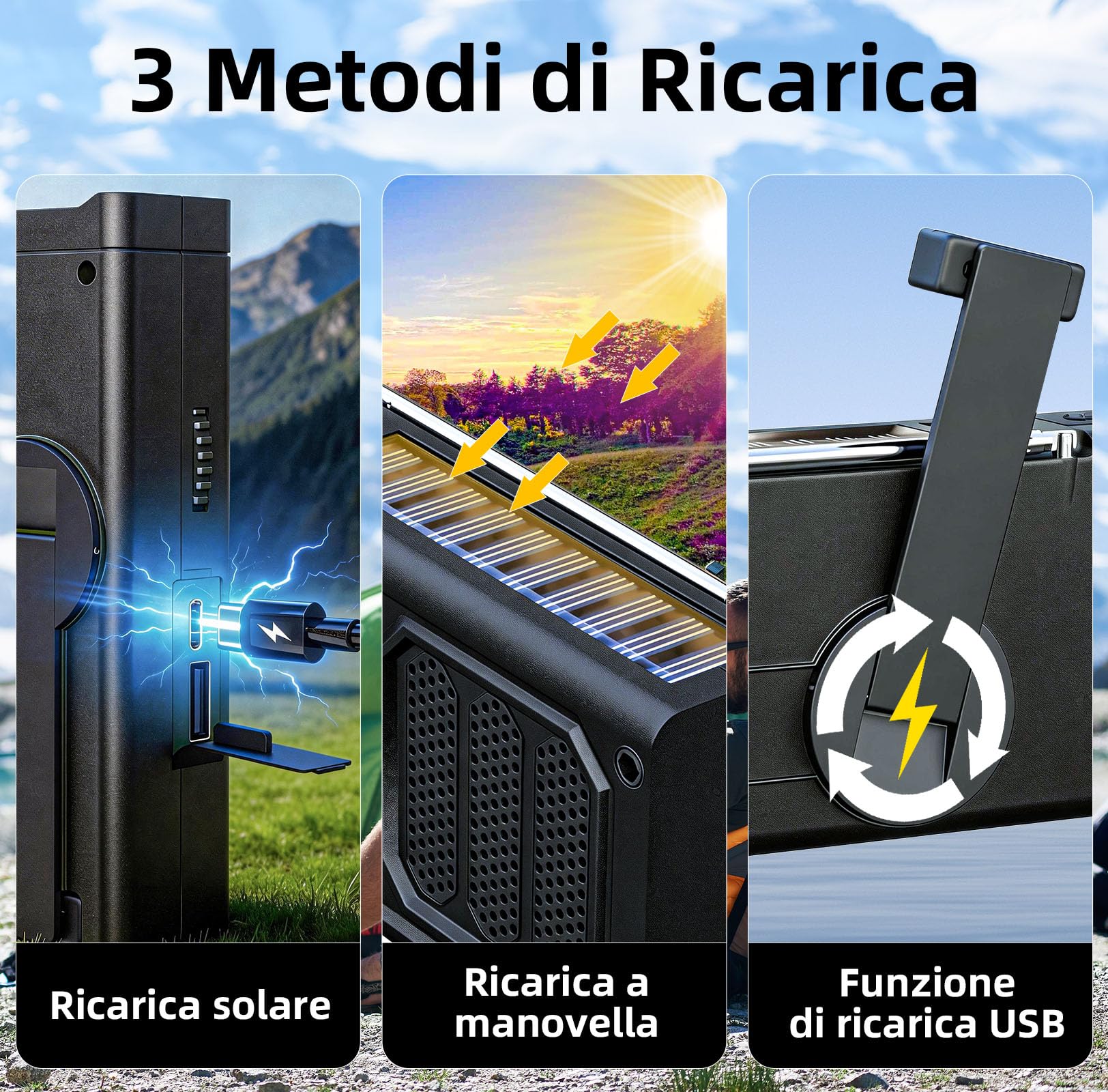 Radiolina a Manovella, AM/FM Solar Raio con Torcia LED, Allarme SOS, Radio di Emergenza Portatile con Batteria Ricaricabile da 2000 mAh per Ourdoor Campeggio Emergenza, Nero