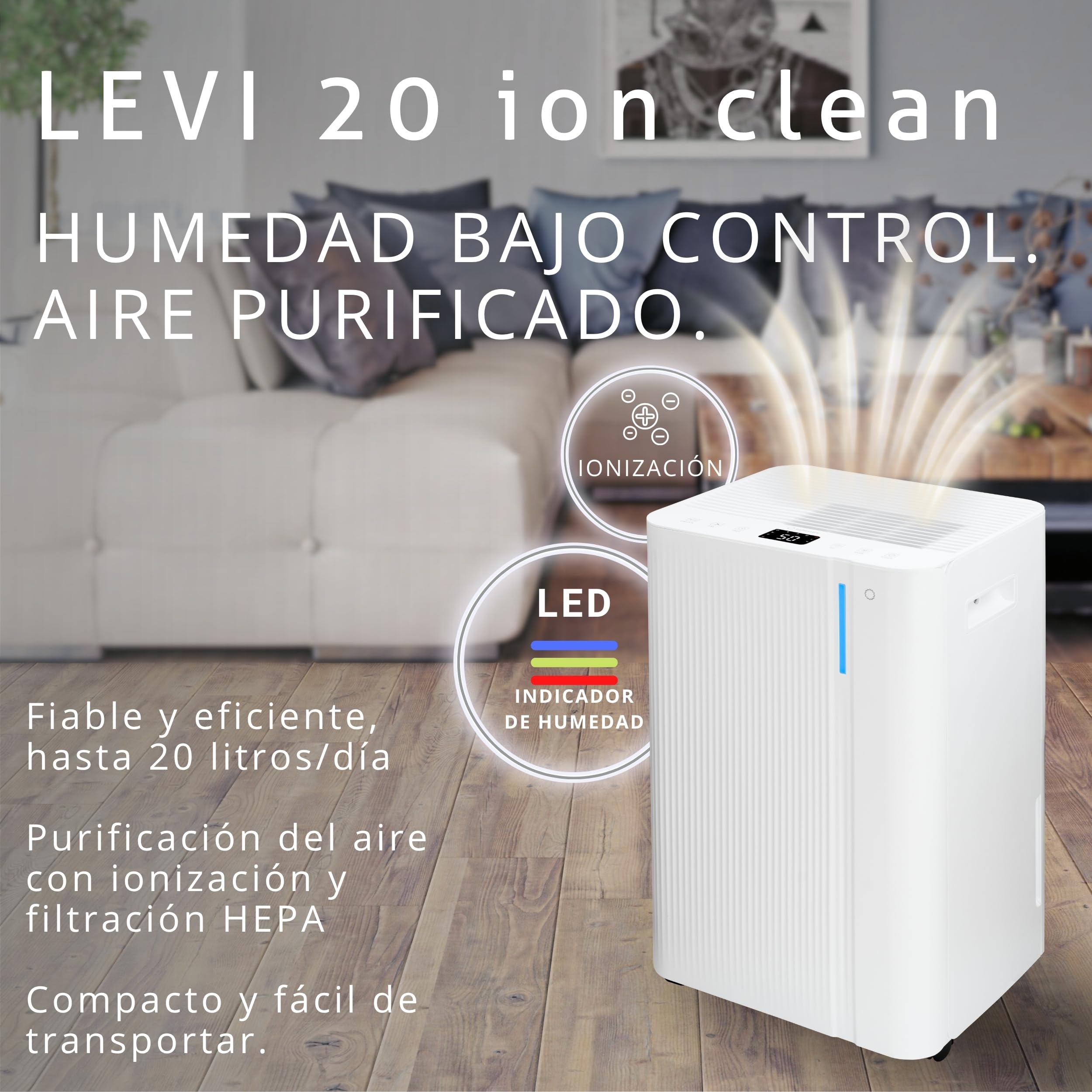 Deshumidificador y Purificador Turbionaire LEVI 20 ION Clean, 20 l/24h, Ionización, Filtro HEPA, Secado de Ropa, Silencioso 41 dB, Depósito 4.5L, Bajo Consumo, Timer, Auto-Restart