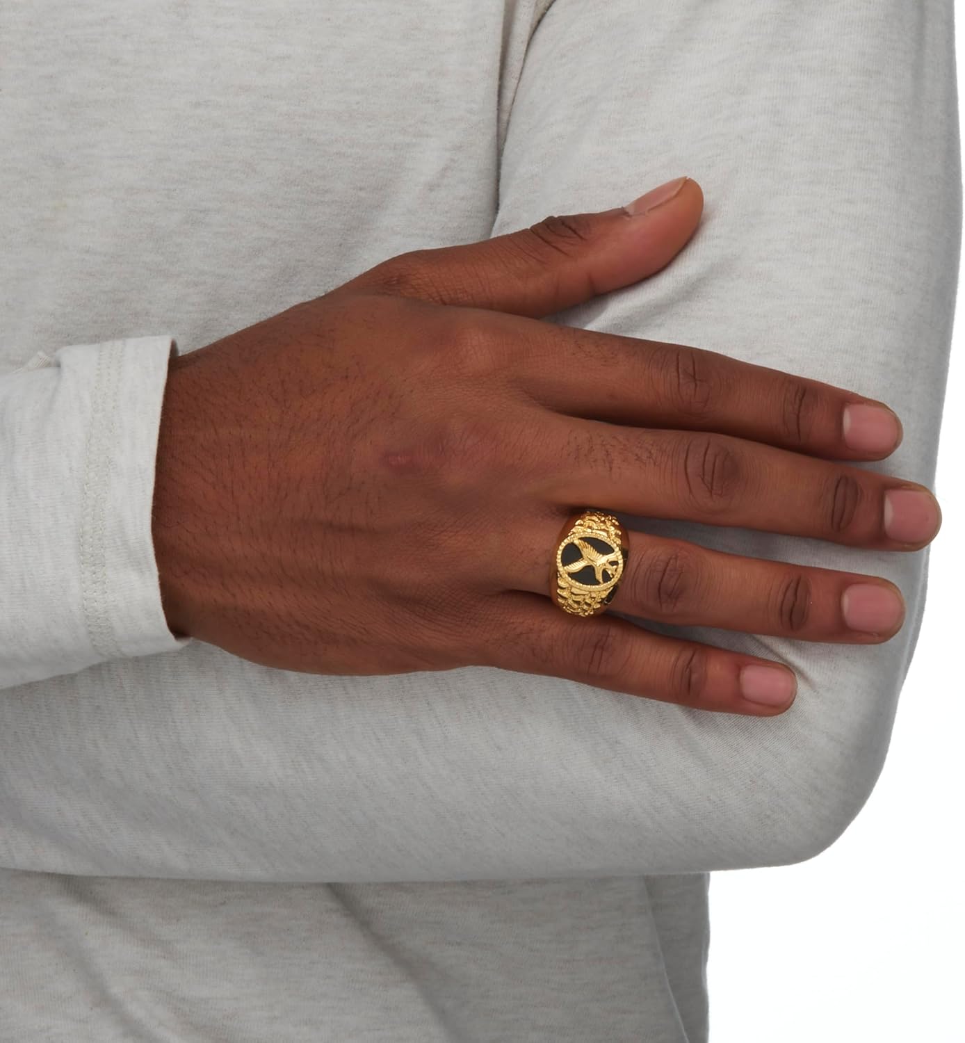 Men's 14K Yellow Gold over Sterling Silver Oval Shaped Natural Black Onyx Eagle Ring