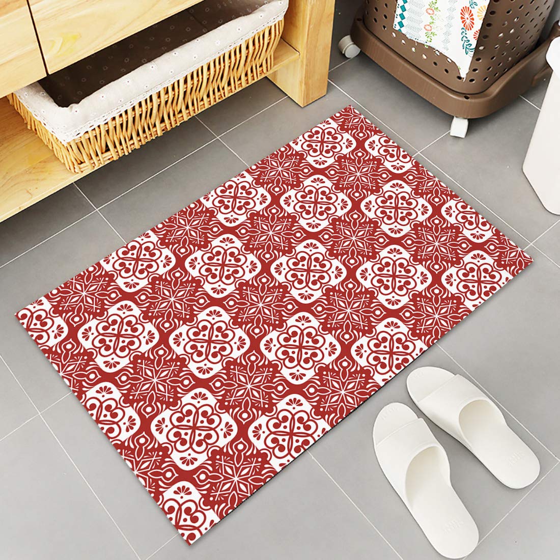 LOT BASIC Universal Modern Door Mat 20x31.5inch Indoor Entrance Doormat Low Profile Doormats Welcome Mat for Front Door, Patio, Abstract Geometric Ceramic Mosaic Tiles Red