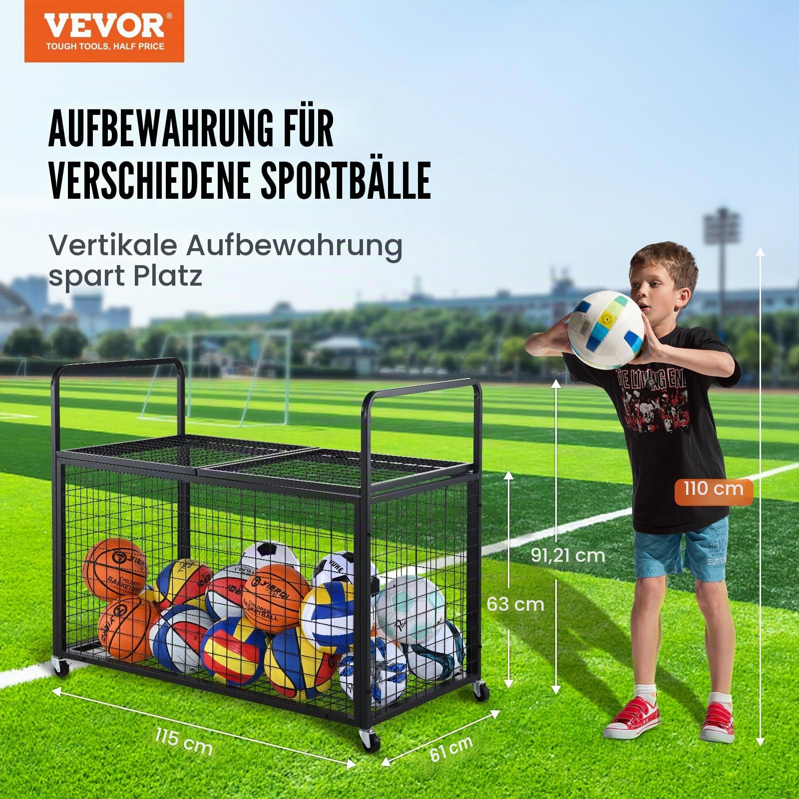 VEVOR Ballwagen Rollwagen 1150 x 610 x 912 mm Sportbällen, Abschließbarer Basketballkäfig Ballkäfig, Sportausrüstung für den Innen- und Außenbereich, Rollbar Aufbewahrungswagen aus Stahl für Garagen