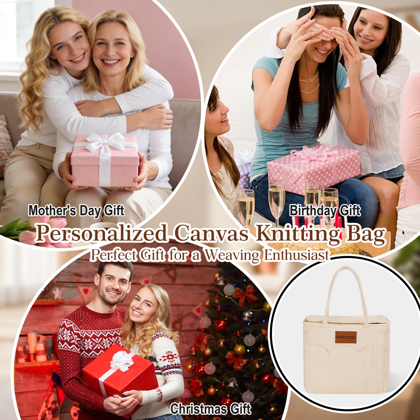 Personalisierte Häkeltasche Name, Stilvolle Garn Tasche Projekte, Leinwand Organizer Mehrere Taschen Löcher, Strick Geschenk Liebhaber Oma Mama
