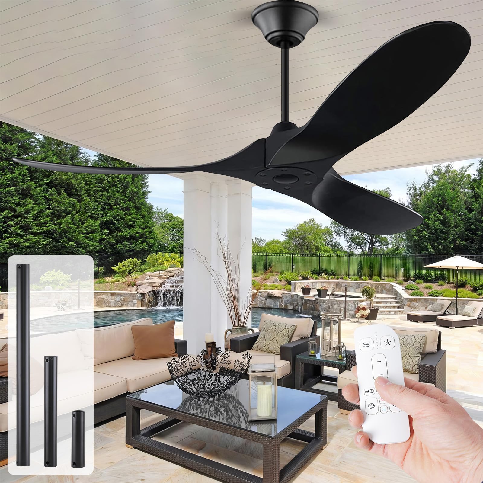 Ventilador de techo negro sin luz de 132 cm, ventilador de techo exterior de 52 pulgadas con control remoto, motor de corriente continua reversible de 6 marchas, adecuado para patio, dormitorio