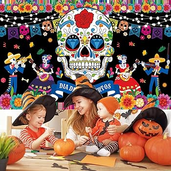 HOWAF 42pcs Day Of The Dead Papel Picado Banner, Felt Dia De Los Muertos Sugar Skull Marigold Hanging Garland For Mexican Dia De Los Muertos Altar Decor, Colorful Cinco De Mayo