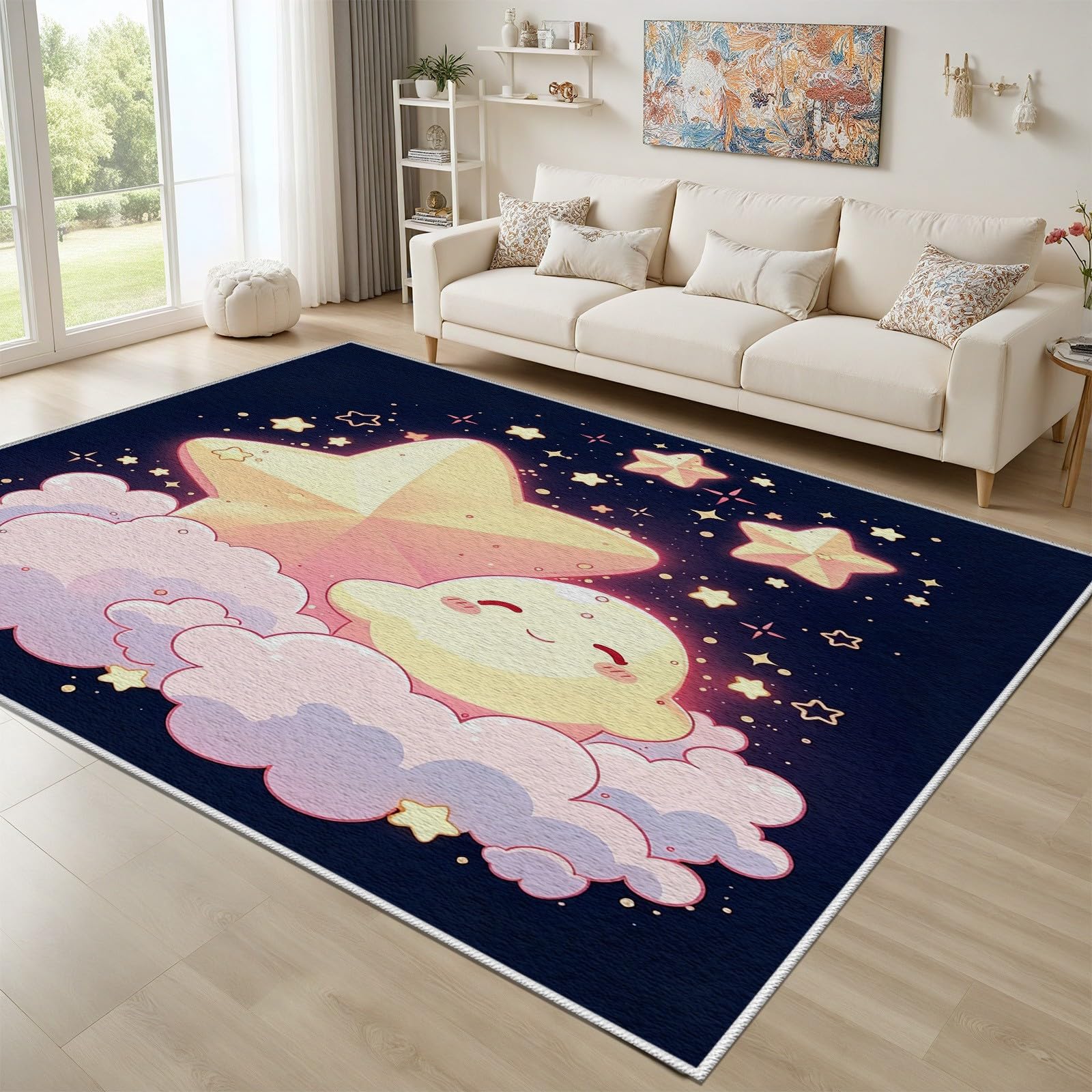 Tapis Chambre Enfant Étoile de Dessin Animé, Tapis Lavable en Machine pour Enfants avec Motif Nuage, Doux et Confortable, à Poils Courts Carpet pour Salon Chambre d'enfant, 120x180 cm200x300 cm