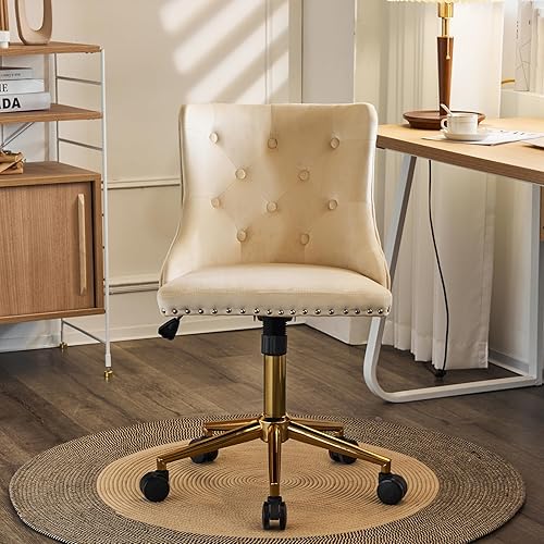 Miniatura 9 de VINGLI Silla de escritorio de terciopelo beige sin brazos para oficina en casa con base doradaruedas, pequeña silla de tocador y maquillaje con