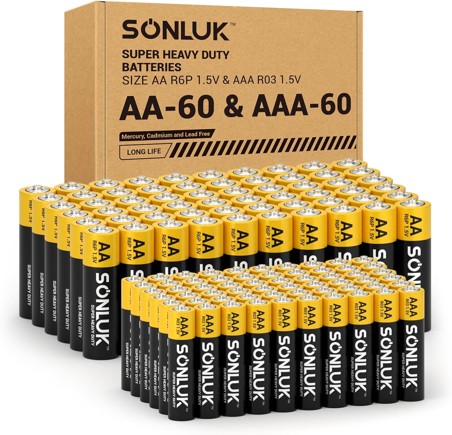 AA Batteries 60 Pack & AAA Batteries 60 Pack Combo (120 Pack), 1.5V Heavy Duty Carbon Zinc High-Performance Battery, Mercury/Cadmium/Lead-Free, Perfect for Remote Controls, Toys & More