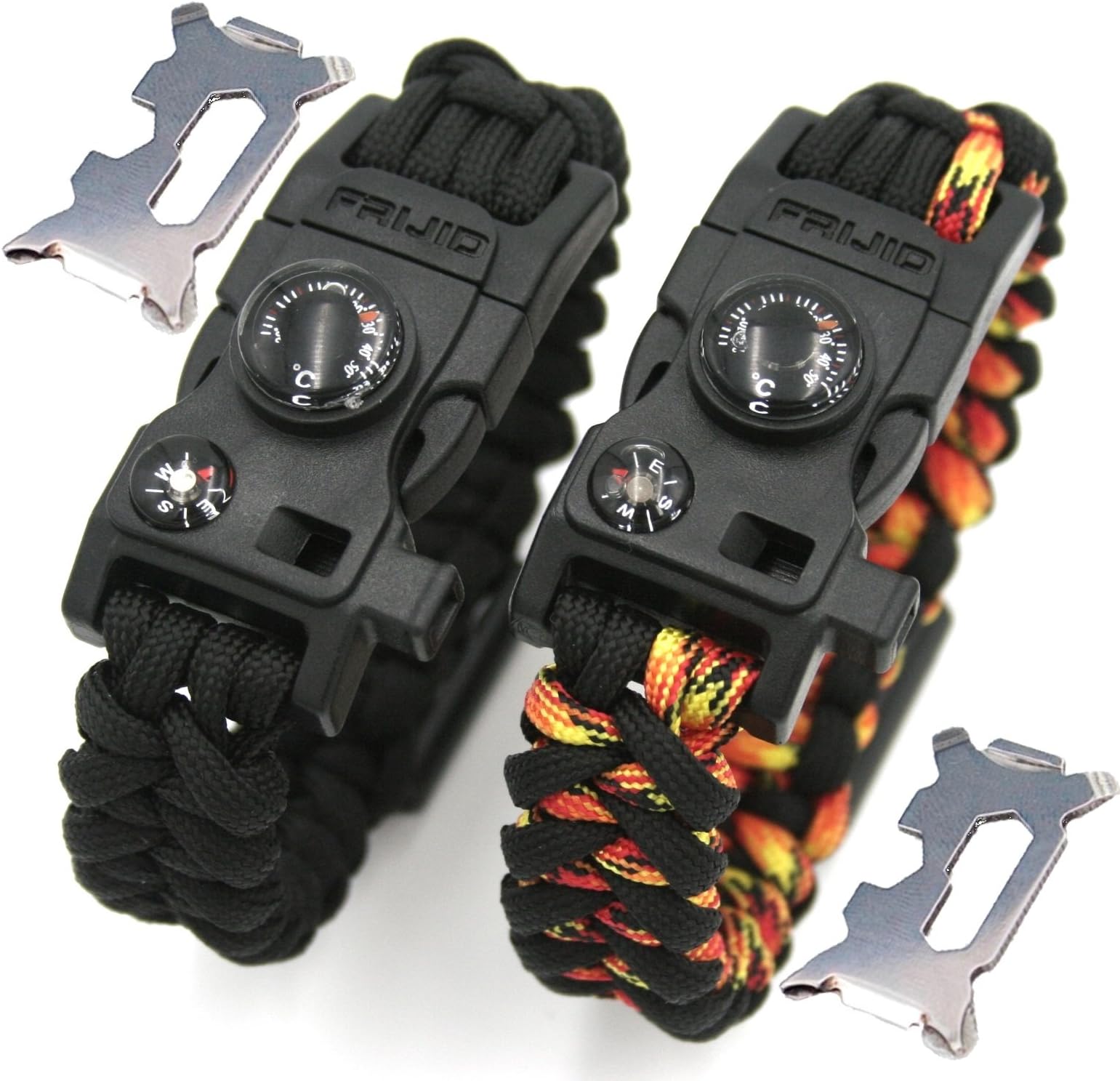2 Paracord Bracelets 15-in-1 Multi-Function Survival Kit: Compass/Thermometer/Fire Starter/Whistle/Multi-Tool/Bottle Opener (Black and Black/Flame)