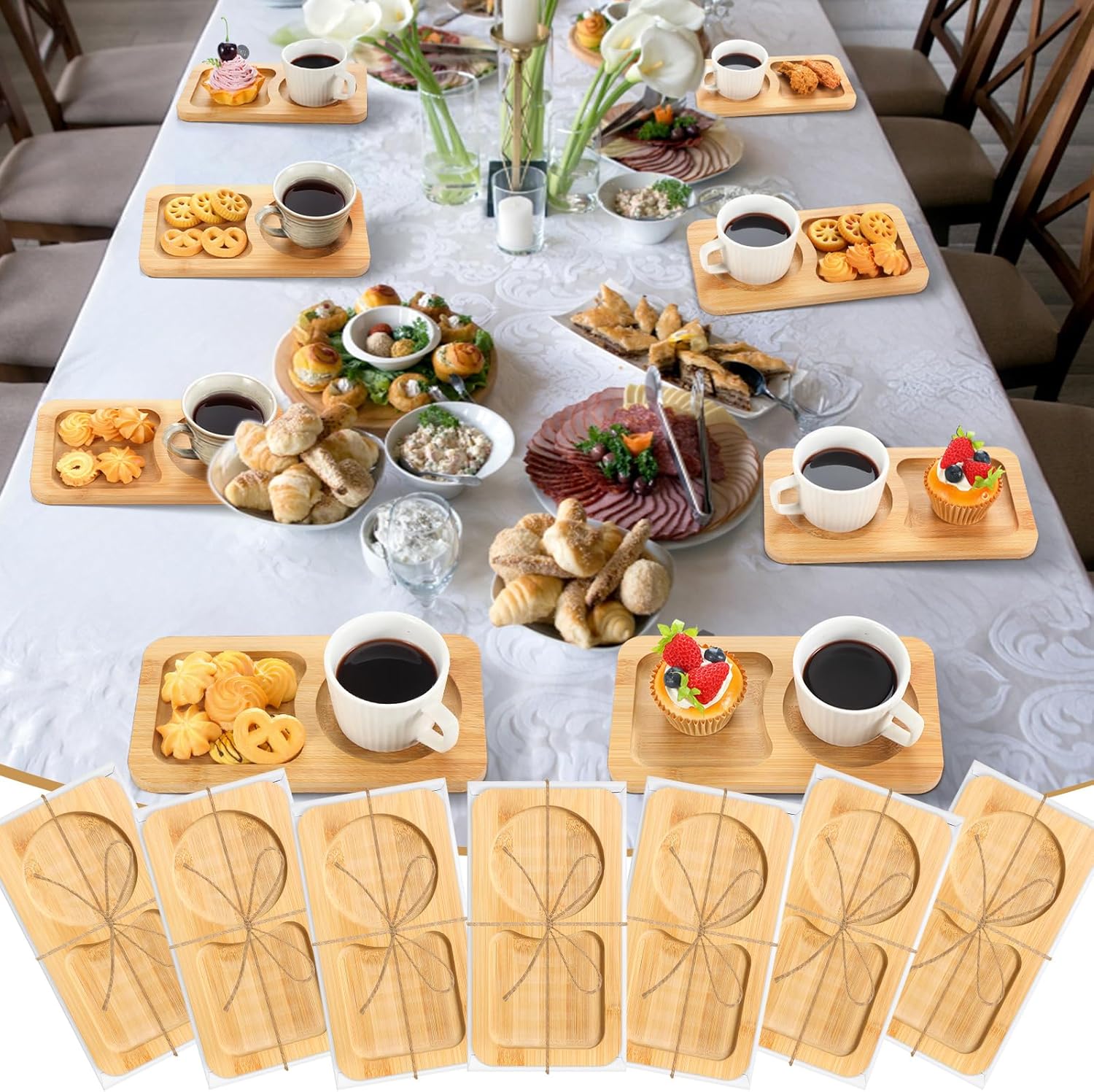 6 Pcs Wood Individual Tray Coffee Cake Serving Tray Housewarming Gift Wooden Platter Charcuterie Cutting Board Plate for Tea Coffee Donut Fruit Food Birthday Wedding Favors Housekeeping Week Gifts