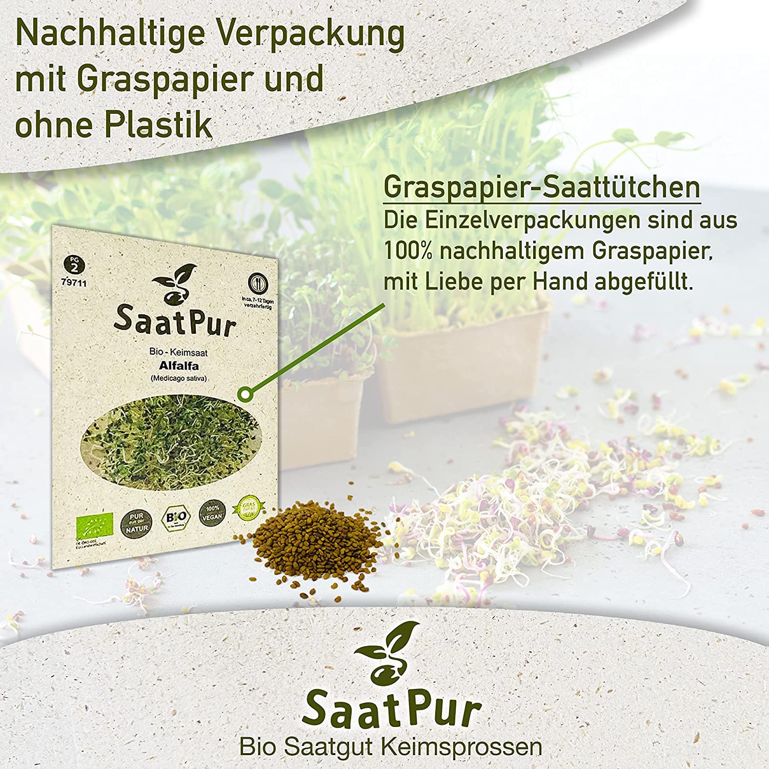SaatPur BIO Keimsprossen Set Sortiment 5 BIO Sorten Asia Mix - Bockshornklee Alfalfa Mungo Senf chinesischer Porree Schnittknoblauch