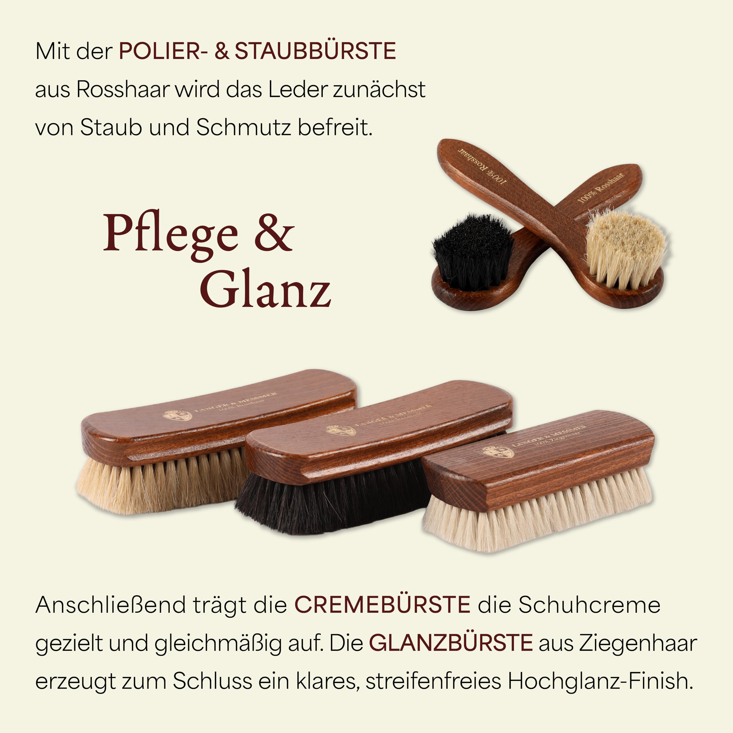 Langer & Messmer 5er Schuhbürsten Set Essential aus Ross- und Ziegenhaar für die professionelle Schuhpflege von Schuhen aus Glattleder - enthält Polierbürsten und Cremebürsten