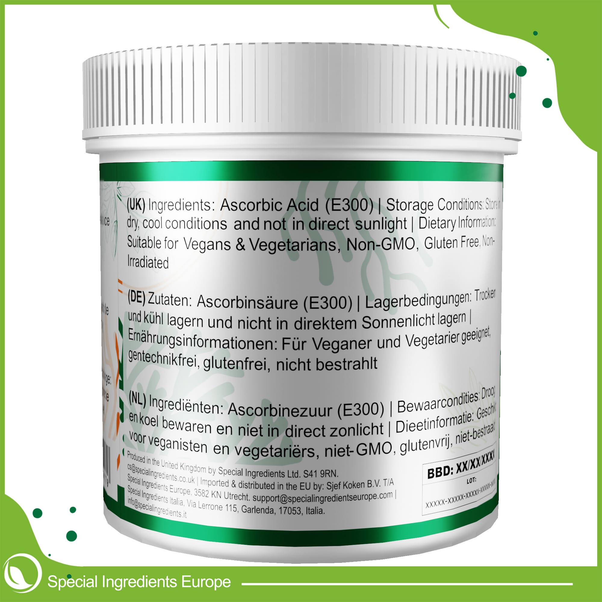 Special Ingredients Ascorbic Acid Powder, 500 g | Askorbinsäure Pulver, Vitamin C-Pulver, Antioxidationsmittel, Teigverbesserer für Brot, Vegan, gentechnikfrei, Glutenfrei