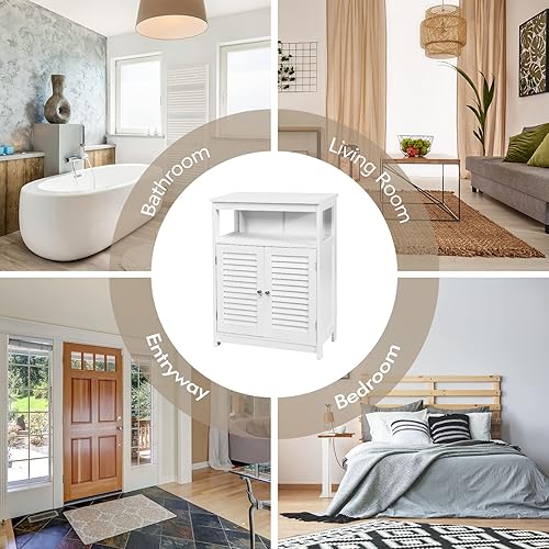 Miniatura 9 de COSTWAY Armario de almacenamiento de baño, organizador de almacenamiento lateral de madera con puertas de listones y estante extraíble, armario de