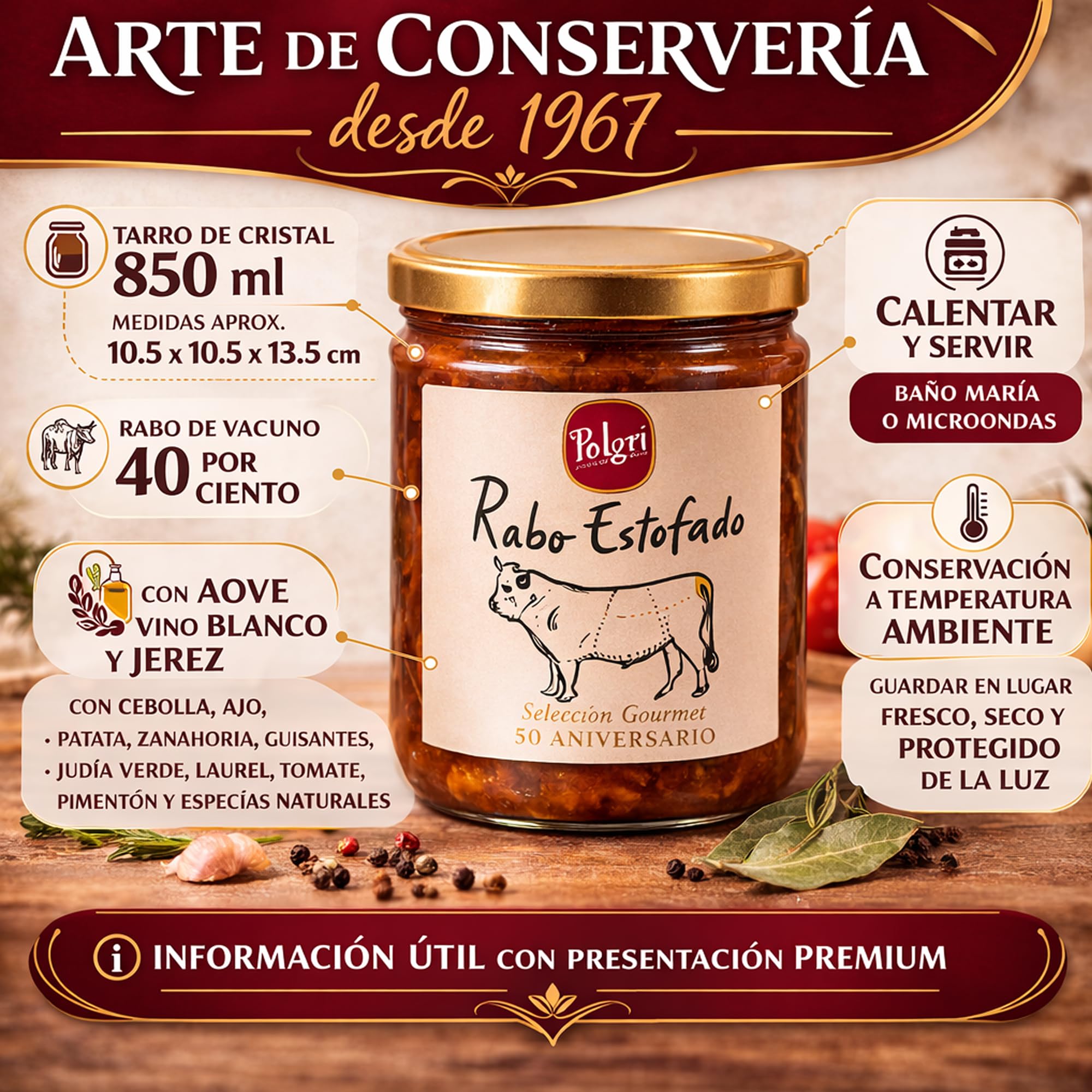 POLGRI Rabo de Toro Rabo Estofado Conserva Gourmet Plato Preparado con AOVE Receta Tradicional Tarro 850 ml Carne Premium Listo para Calentar Sabor Intenso Cocina Manchega Casera