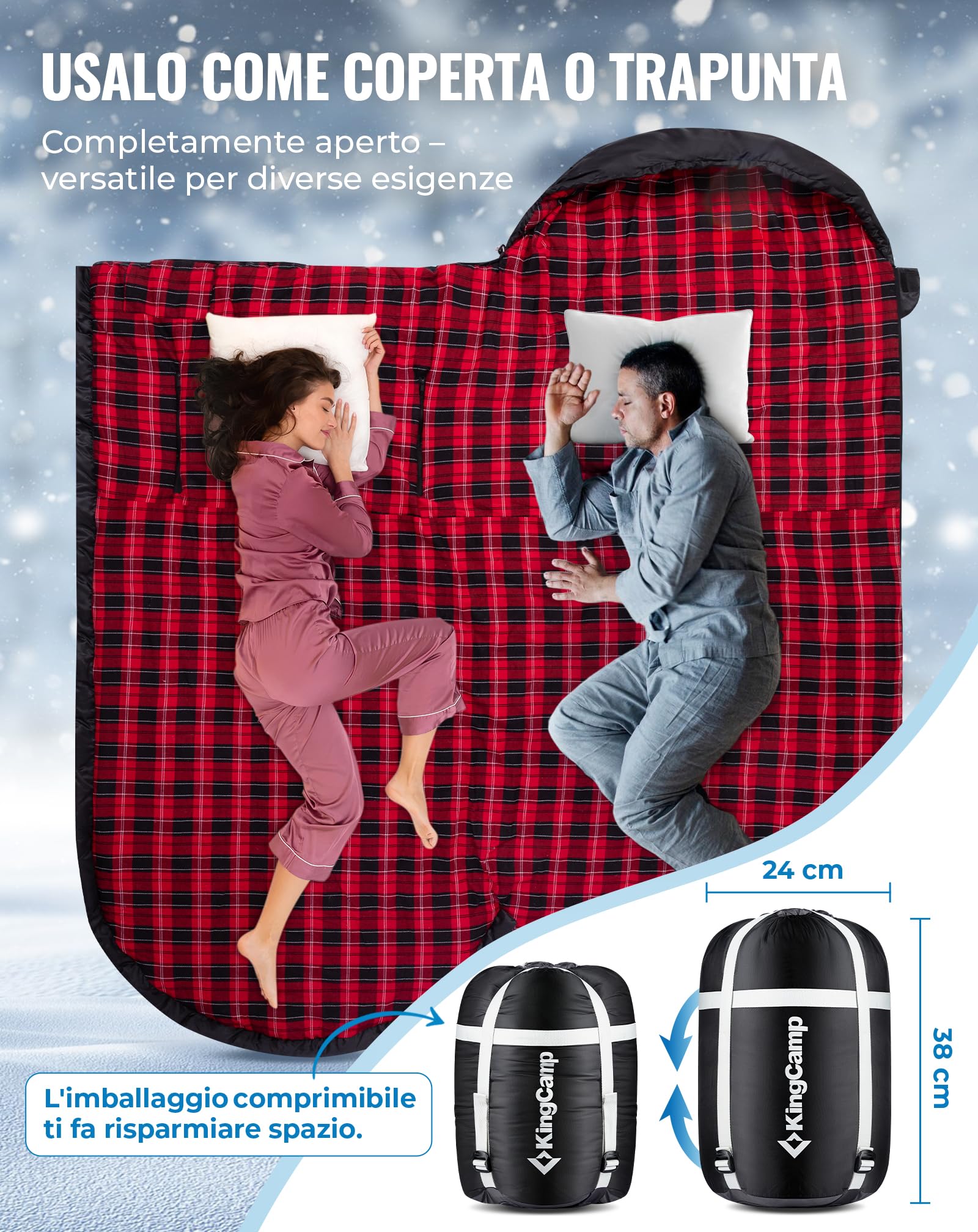 KingCamp Sacco a Pelo Invernale XXL Extra Grande in Flanella Adulti Sacco a Pelo Bambini Sacco a Pelo 4 Stagioni Sacco a Pelo Compatto Sacchi a Pelo Campeggio Rettangolare Inverno per Camping Letto