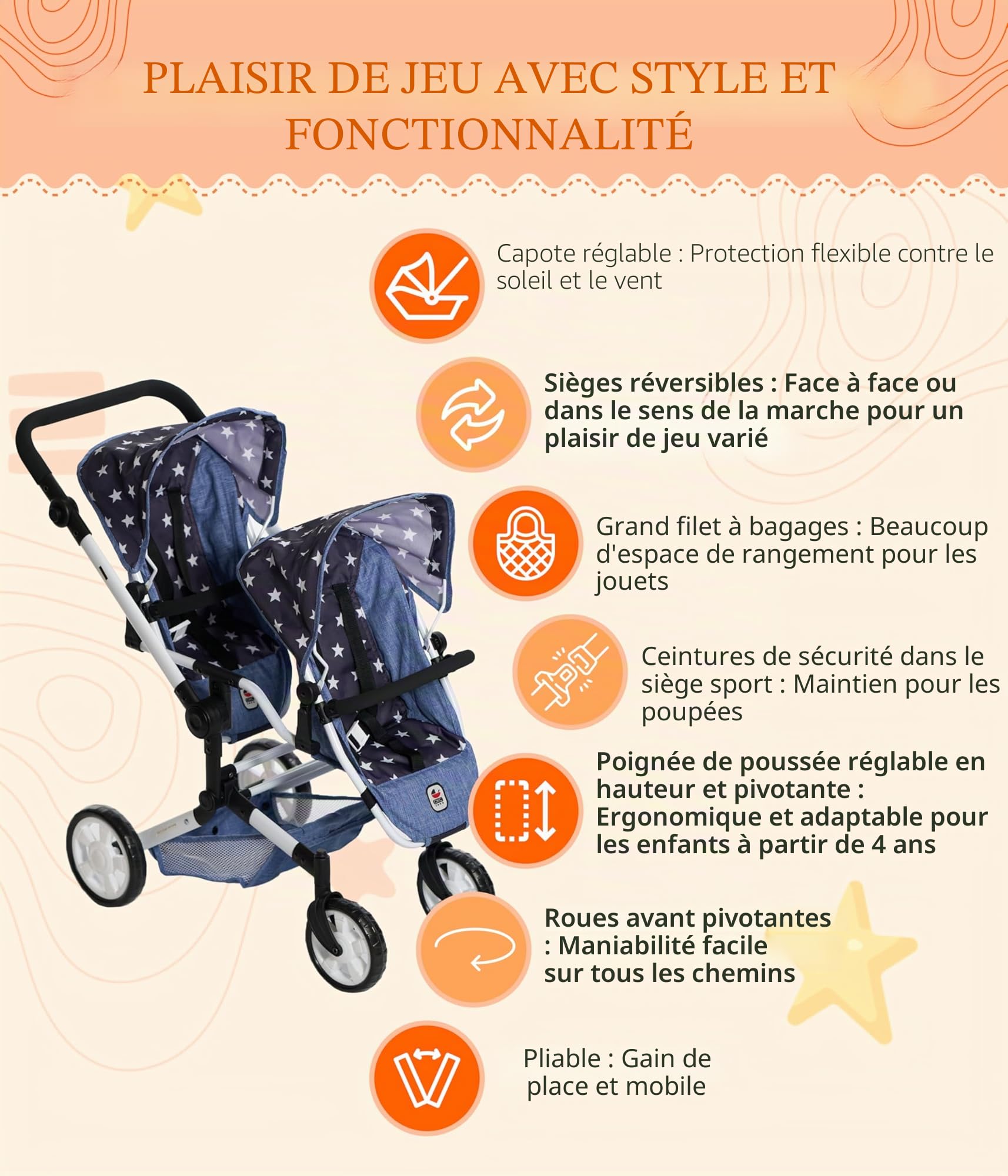 Bayer Chic 2000 Poussette poupée Double Linus Duo Pliable réglable | Poussette double pliable avec poignée réglable de 50 à 82 cm, conçue pour transporter 2 poupées.