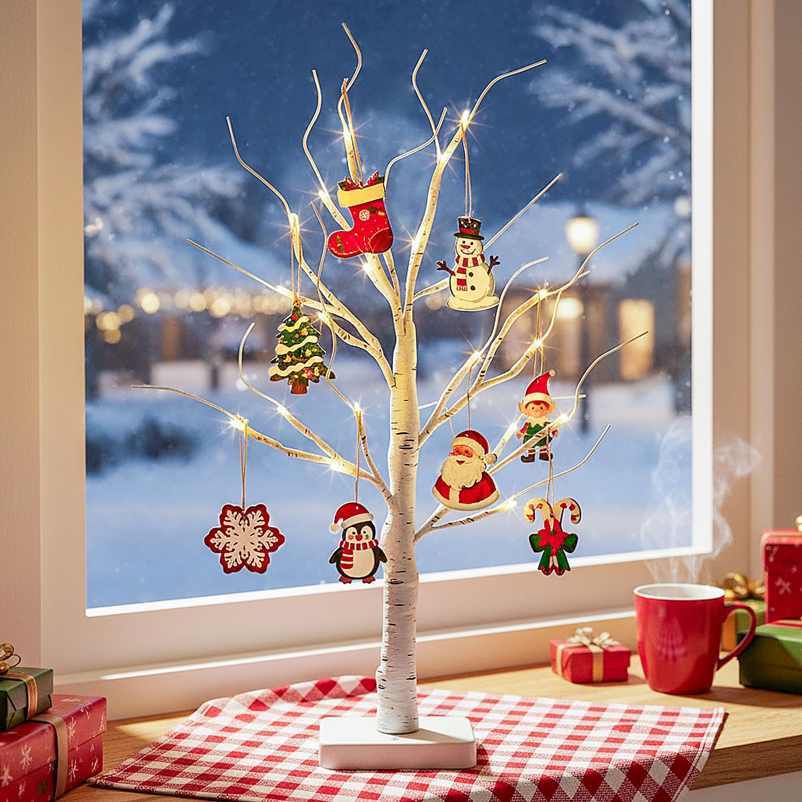 Eambrite 22Inch Twig Tree With Lights, Christmas Gonk Decorations, 24LEDs Small Birch Tree With 8 Ornaments, Battery Operated Indoor Timer for Xmas Home Party Decor