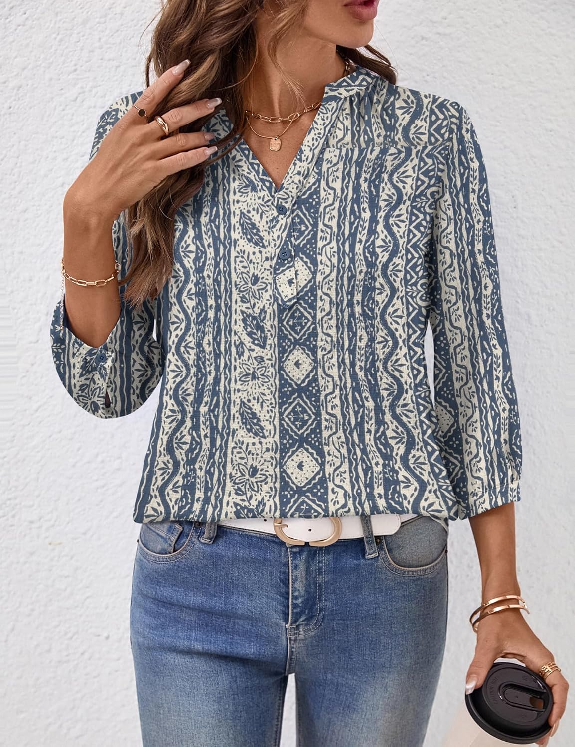 LOMON Womens Tops Dressy 3/4 Length Sleeve Henley V Neck Button Down Shirts Pleated Blouses S-XXL - Image 3