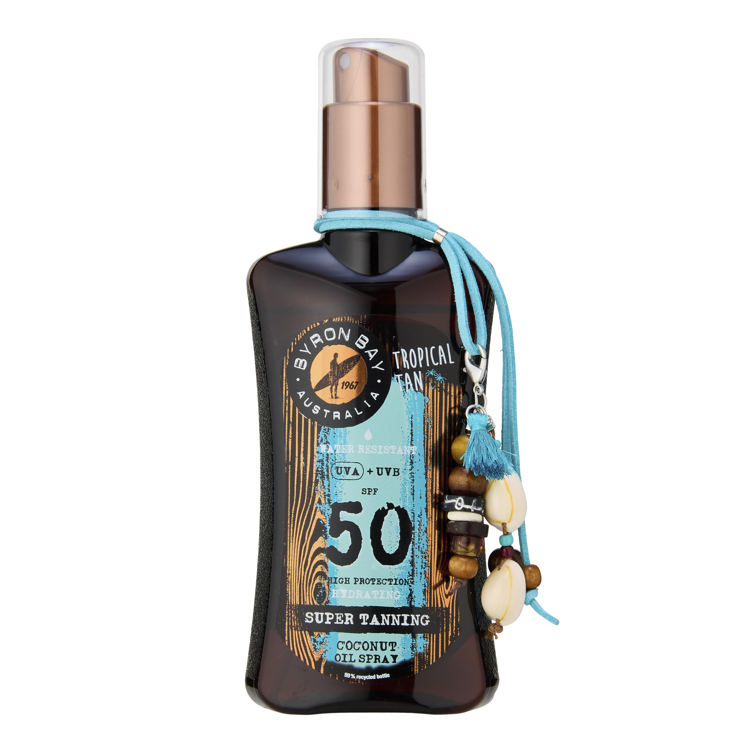 Byron Bay Australia Huile Bronzante Spray SPF 50 Bronzage rapide et intense avec extrait de carotte et bêta-carotène, Protection UVA et UVB avec vitamine E et aloe vera, parfum tropical de coco, 200ml