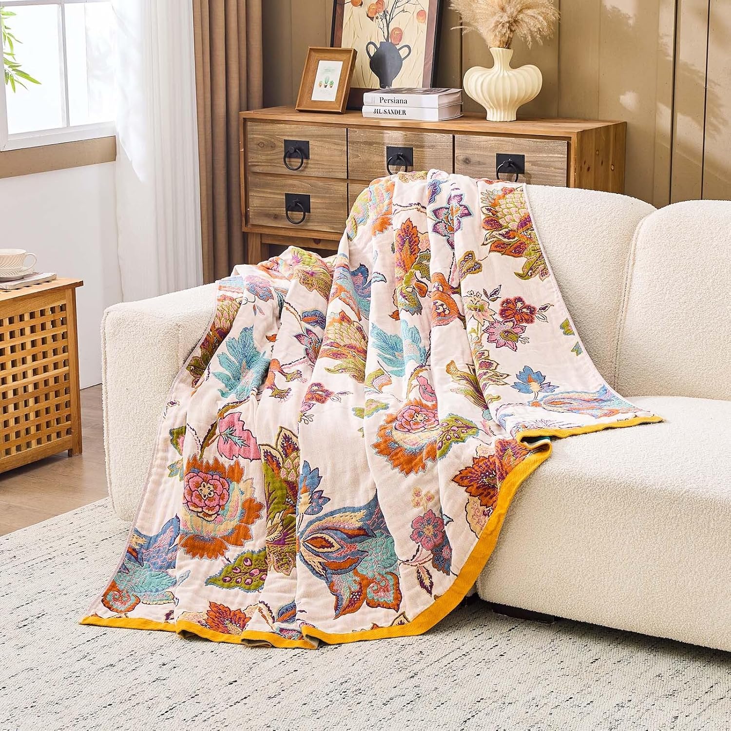 Summer Throw Blanket for Bed, 60"x80" Boho Throw Blankets 100% Cotton Quilts Farmhouse Decoration Warm Soft Blanket Muslin Bed Blankets for Couch Chair - Image 4