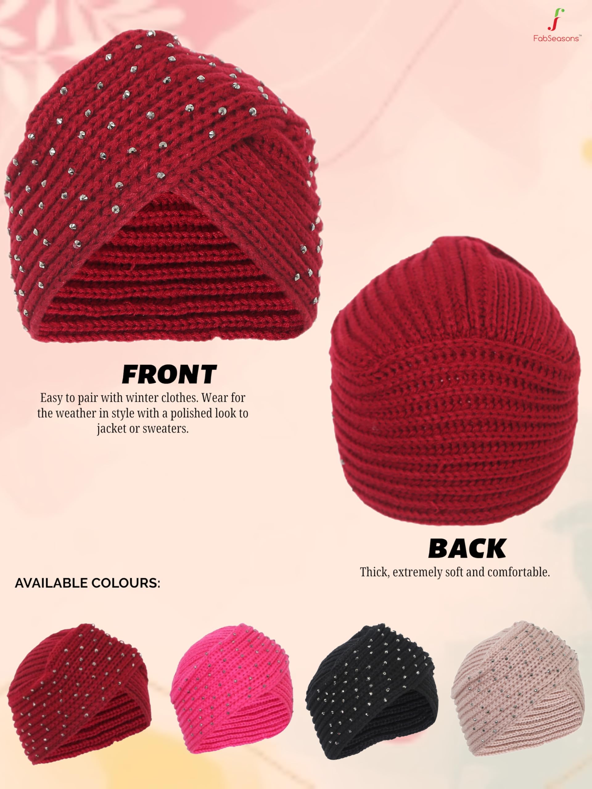 FabSeasons Acrylic Woolen Casual & Ethnic Skull Cap with Studs for Girls of Age 5-14 Years, fits Like a Turban Pink 1
