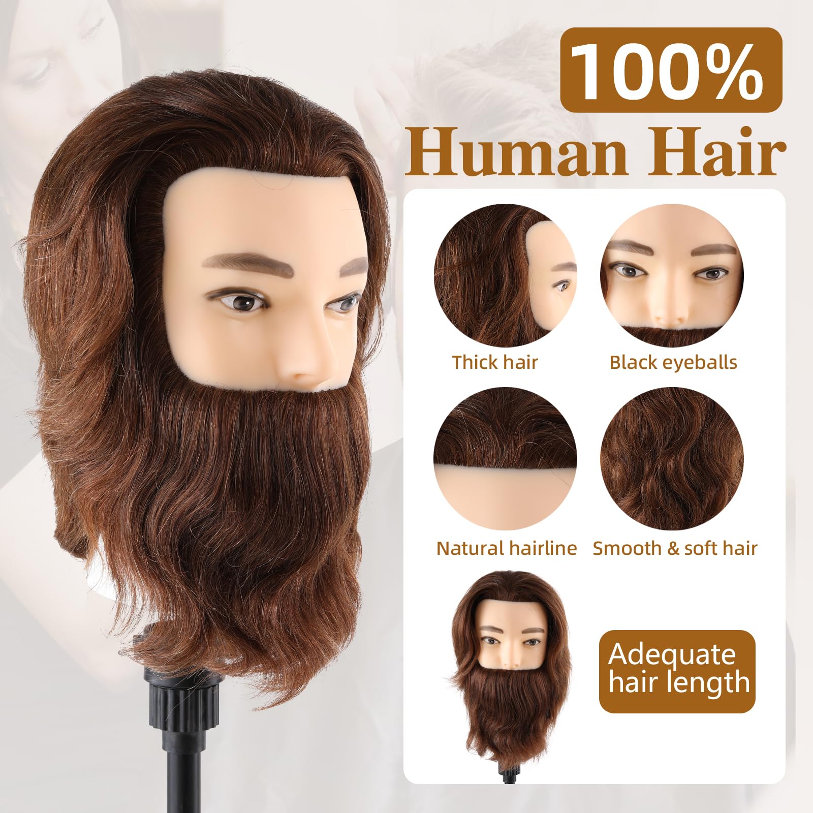 Mann Frisierkopf 100% Echthaar mit Bart Männlich Übungskopf Echthaar Friseur Kopf Puppenkopf Mannequin Kopf Mit Tischklemme + Kammsatz(19 Zoll)