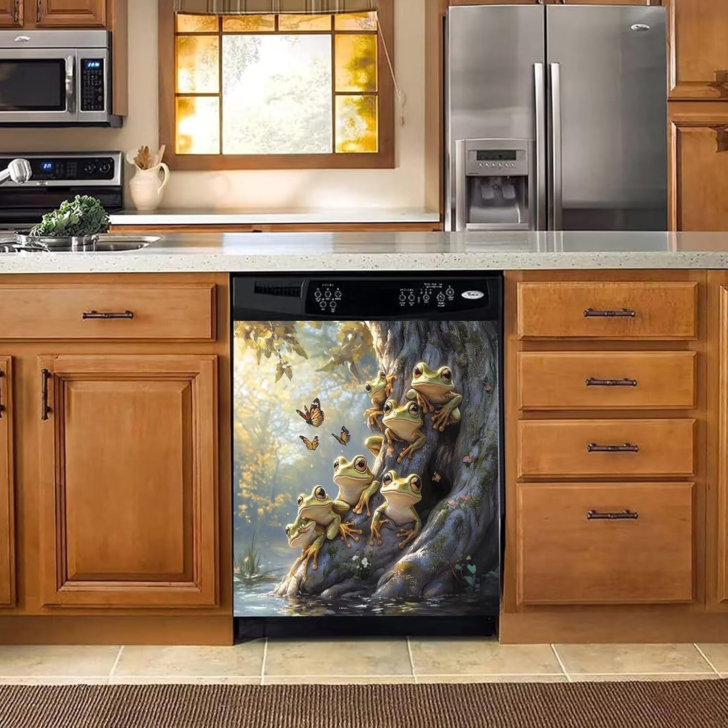 Pastoral Frogs Dishwasher Magnet Cover, Butterflies Magnetic Dishwasher Door Decal Funny Magnets Kitchen Decorative Sticker Refrigerator Magnets Panel Decals 23" x 26"(Magnetic)