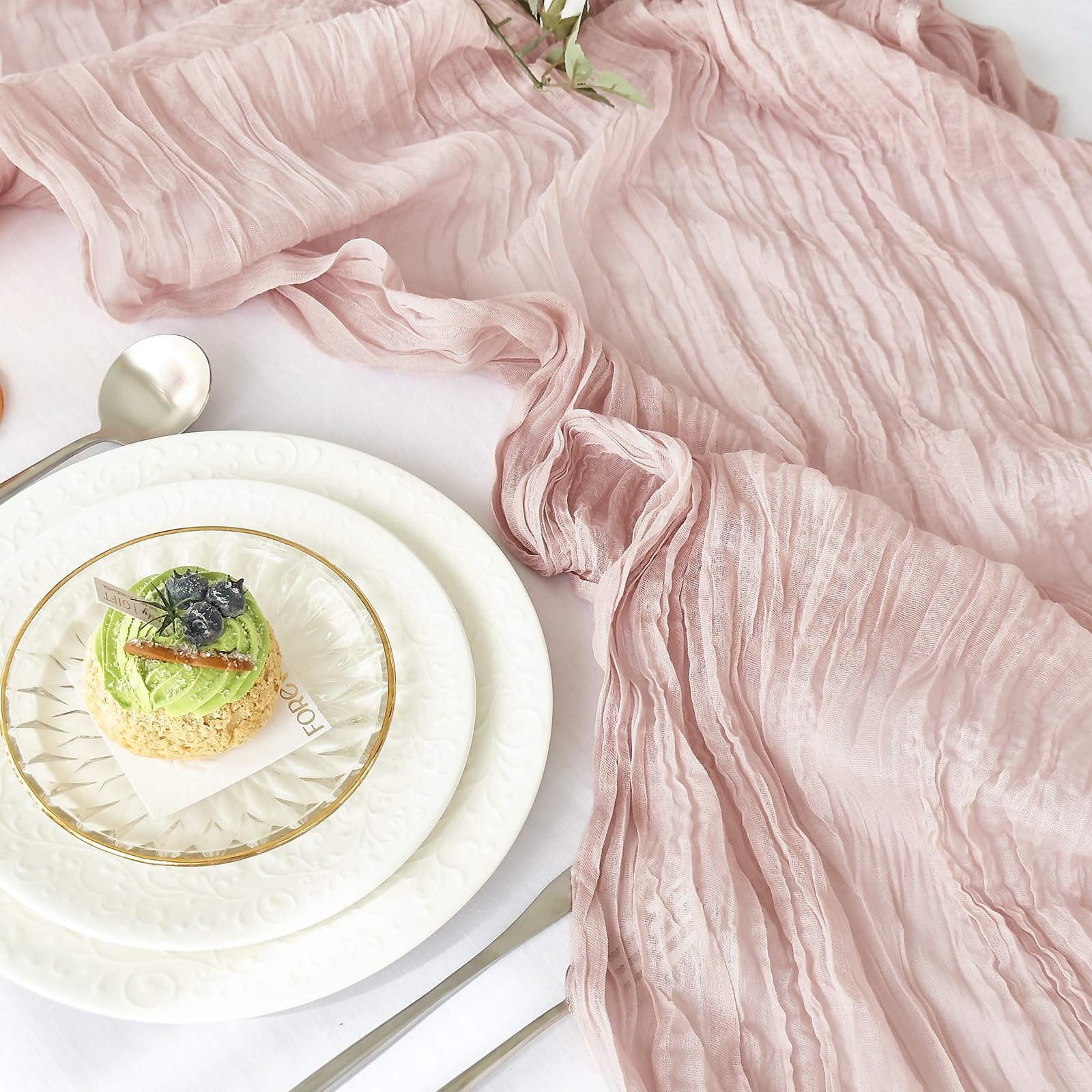 Bieżnik stołowy w stylu boho, pudrowy róż, szyfonowy bieżnik z tkaniny cheesecloth, elegancka dekoracja na wesele, przyjęcie, baby shower, rustykalny i szykowny wystrój (90 x 300 cm)