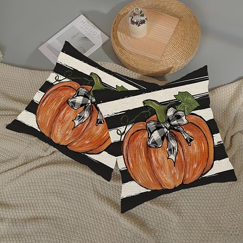 Miniatura 55 de Juego de 2 fundas de almohada de otoño de 18 x 18 pulgadas, hojas de arce de calabaza y búfalo a cuadros, decoración de otoño, de lino, Acción