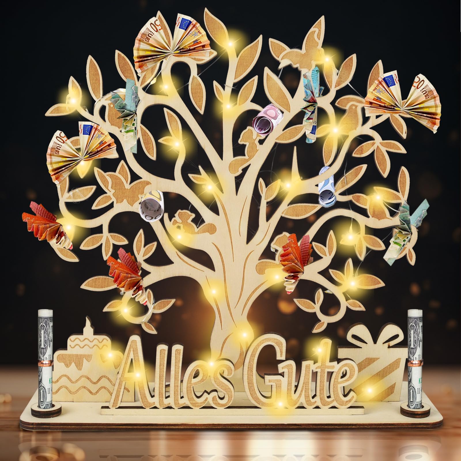 Johiux LED Geldgeschenke Verpackung,Personalisierte Geldgeschenke Geburtstag aus Holz,Geldgeschenk Hochzeit,Geldbaum Geldgeschenke Geburtstag für Männer Frauen,Lebensbaum Wunscherfüller Geldgeschenk