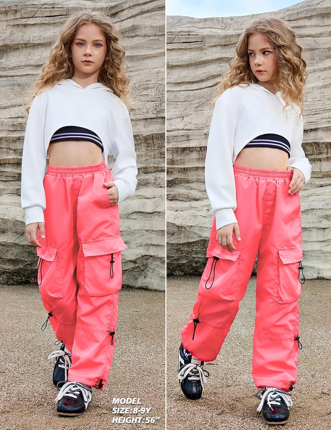 Perfashion Cargo Pants for Girls Hip Hop Dance Metallic Y2K Neon Drawstring Parachute Wide Leg Jogger 4-13Y