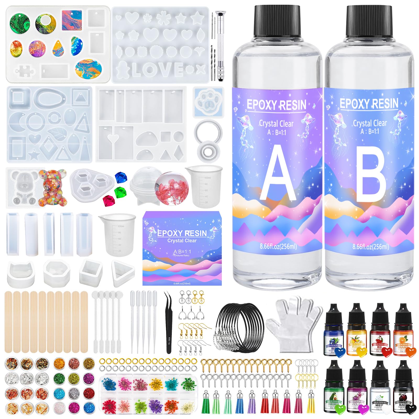 JOTOL Kit de Resina Epoxi,Kit Resina Epoxi Transparente,2 Partes 500ml 1: 1 Kit Resinas Epoxi,para Bricolaje,Artesanía,Hacer Colgante,Llavero,Joyas