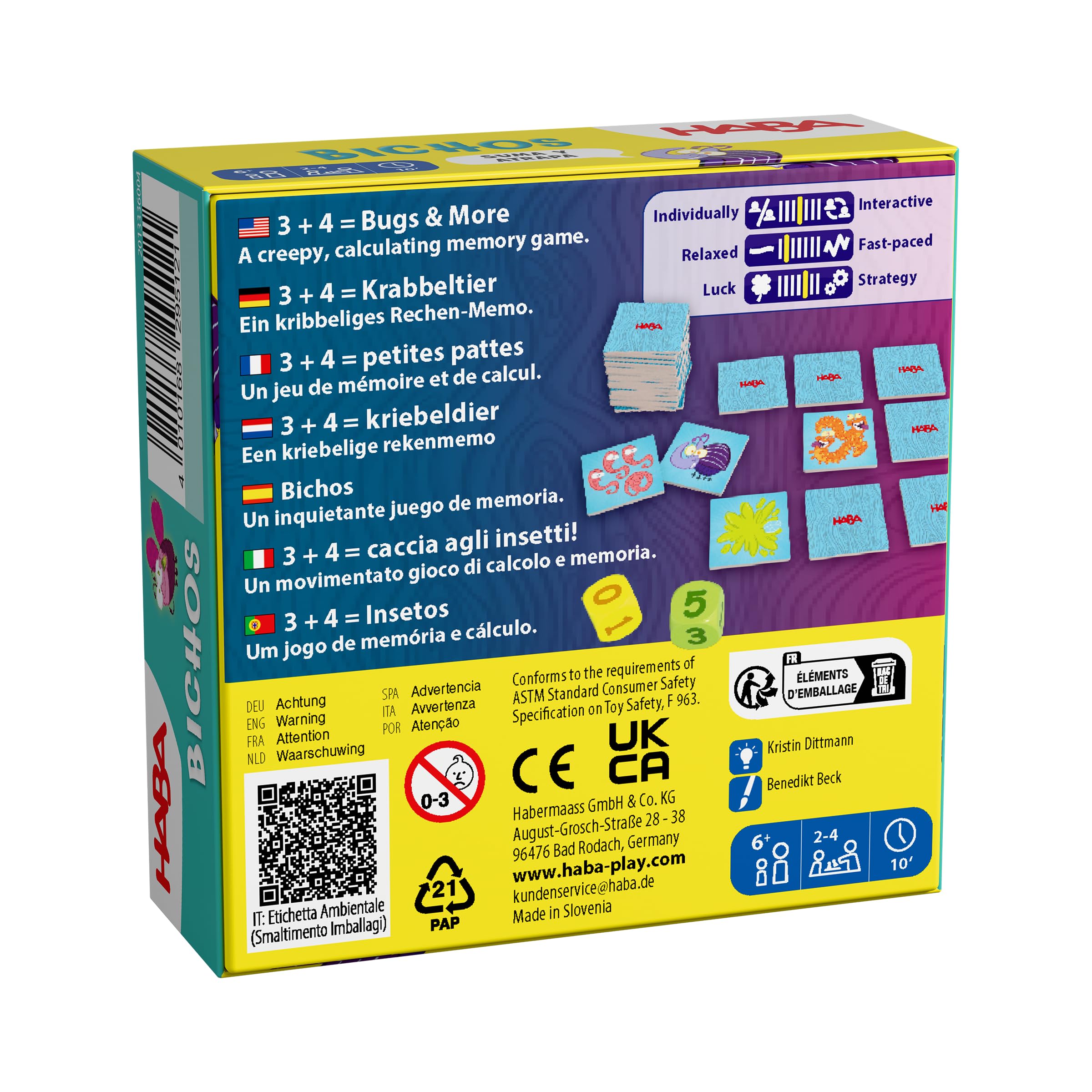 HABA 2013336004 - Bichos, Juego Infantil de Mesa de Memoria y cálculo Mental (Sumas hasta 10). Más 6 años